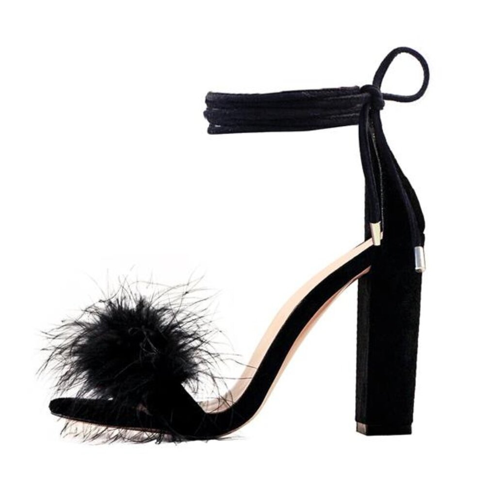 NEW Only Maker Black Feather Lace-up Suede Chunky Heel Sandals Women's 8